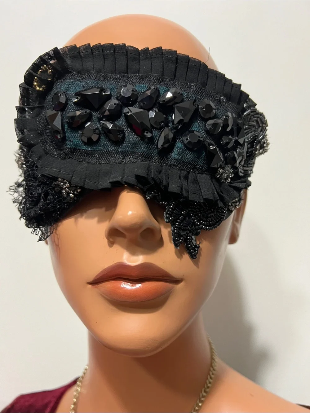 Black Beaded Lace Eye Mask - Elegant Sleep & Costume Accessory